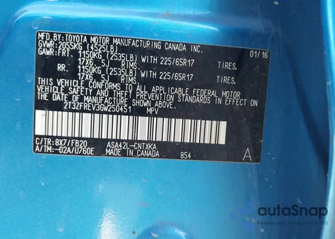 2016 Toyota Rav4 Le из США, поврежденный, VIN 2T3ZFREV3GW250451